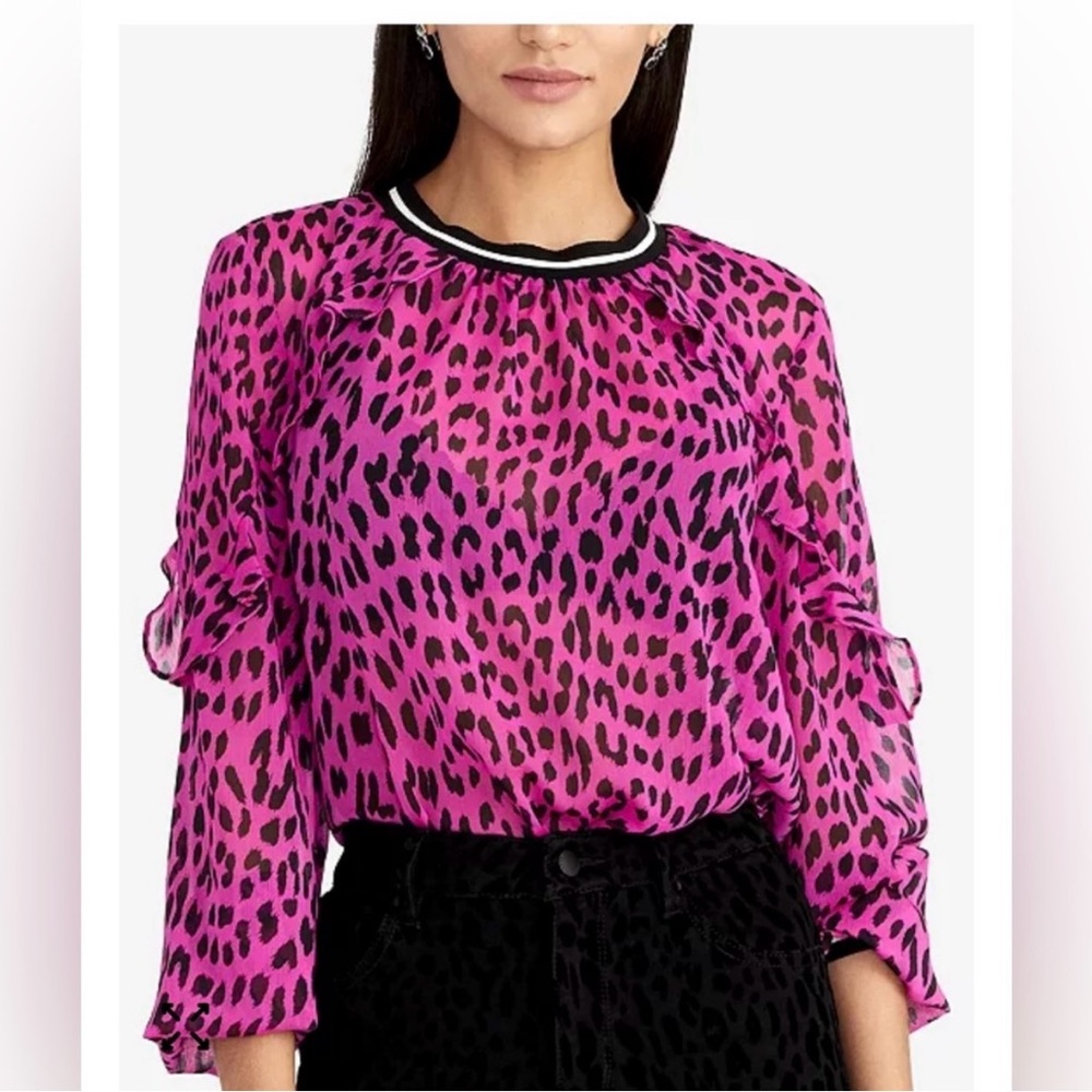 🩷 RACHEL RACHEL ROY Pink and Black Ruffled Sleeve
Leopard Print Top - Size 8